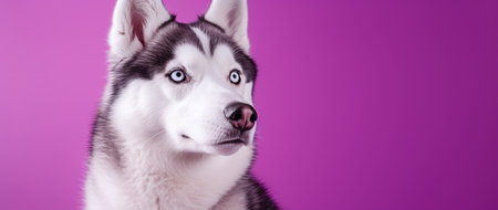 Portrait of a siberian husky on a purple backgroundの素材