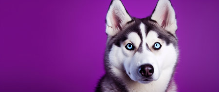 Portrait of beautiful siberian husky with blue eyes on purple backgroundの素材