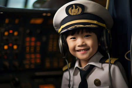 Little asian boy in pilot hat and pilot uniform in the planeの素材