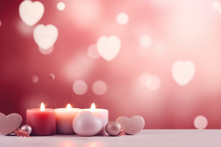 Valentine's day background with burning candles and hearts bokehの素材