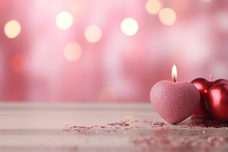 Red heart shaped candles with bokeh lights on white wooden tableの素材