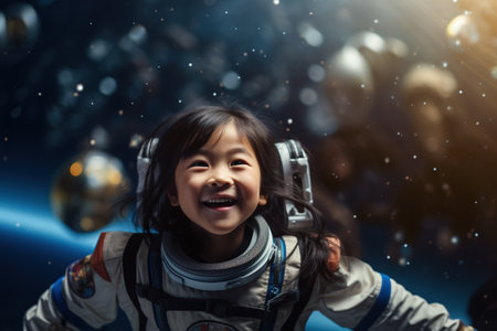 Little cute asian girl in astronaut suit having fun on space backgroundの素材