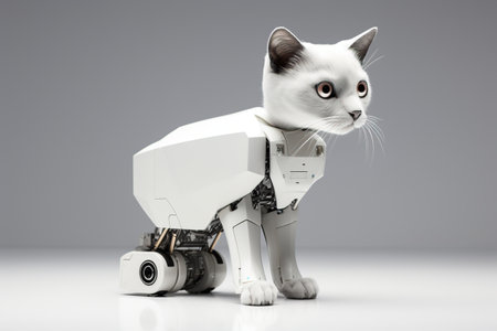 3d illustration of a cat robot with a camera on a gray backgroundの素材