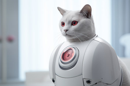 Cat with robotic vacuum cleaner at home, closeup. Pet careの素材