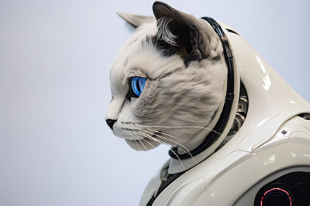 Close-up portrait of a white cat with blue eyes and a robotの素材
