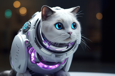 Portrait of a white cat with blue eyes in a robot helmet.の素材