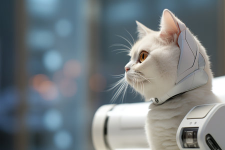 Cute white cat wearing headphones listening to music on a radio.の素材