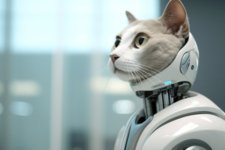 Cute cat on robot arm, closeup. Future technology conceptの素材
