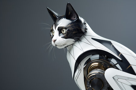 Black and white cat in a robot suit on a gray background.の素材