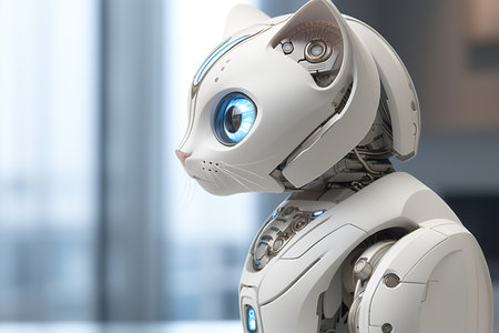 3d rendering robot or cyborg with blue eye in modern officeの素材