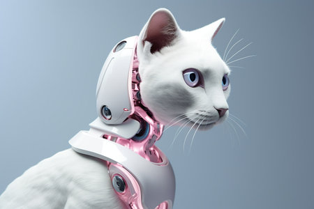 Cute white cat wearing a pink robot helmet. 3d renderingの素材