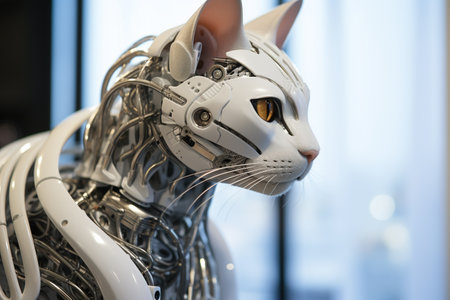 Close-up of a white cat in a robot costume. Technology concept.の素材
