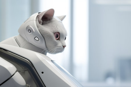 White cat with blue eyes on the background of a cosmetological machineの素材