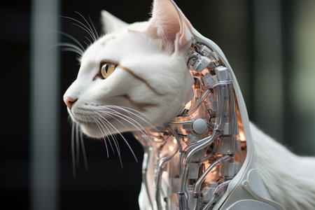 White cat with a prosthetic leg in the form of a robotの素材