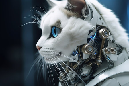 White cat with blue eyes on a robot's arm, close-upの素材