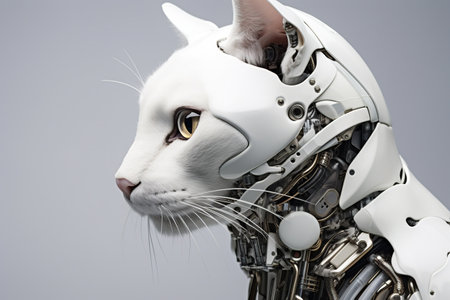 Close-up portrait of a white cat in a robot suit.の素材