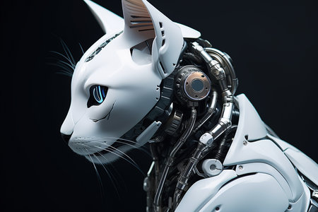 White robot on black background. Artificial intelligence. 3d rendering.の素材