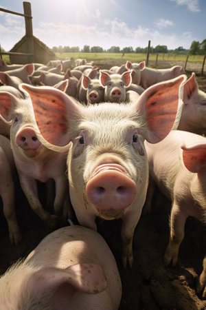 Group of pigs on a farm in sunny day. Selective focus.の素材