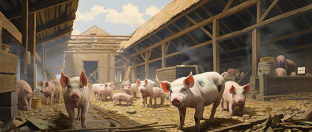 3d rendering of pigs in a barn with smoke coming out of itの素材