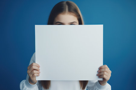 Young woman hiding behind a white sheet of paper on a blue backgroundの素材