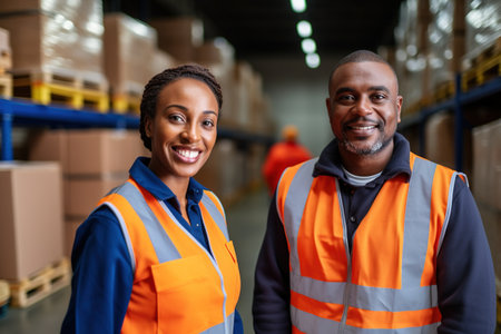 portrait of smiling african american warehouse workers standing in warehouseの素材