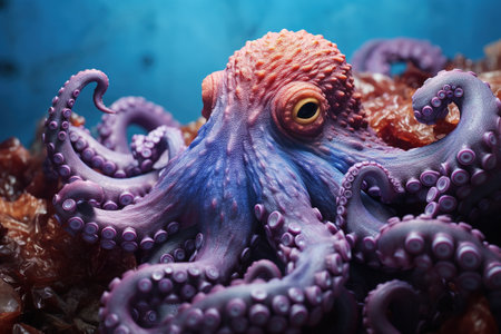 Octopus on a blue background. Close up. Toned.の素材