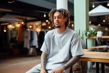 Portrait of young african american man with dreadlocks sitting in cafeの素材