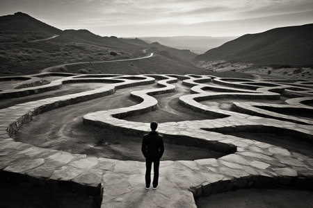 Black and white photo of a man looking at the maze in the desertの素材