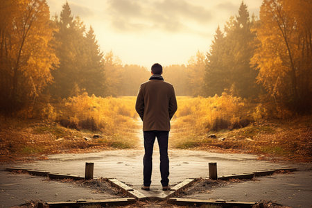 Man standing on the edge of the puddle in the autumn forestの素材