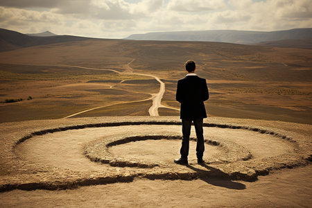 Businessman standing in the middle of the desert and looking at the horizonの素材