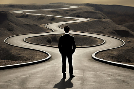 Businessman walking on the road of the future. 3D renderingの素材