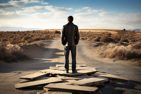 Businessman standing on the road in the middle of the desert.の素材