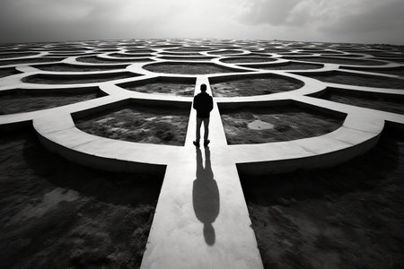 Silhouette of a man standing in front of a hexagonal structureの素材