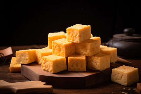 Cheese collection, piece of matured yellow cheddar cheese close upの素材
