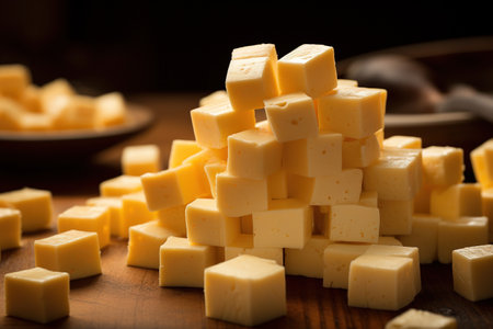 cheese cubes on a wooden table, close-up, macroの素材