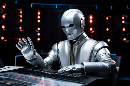 Robot humanoid working with keyboard on dark background. 3D rendering.の素材