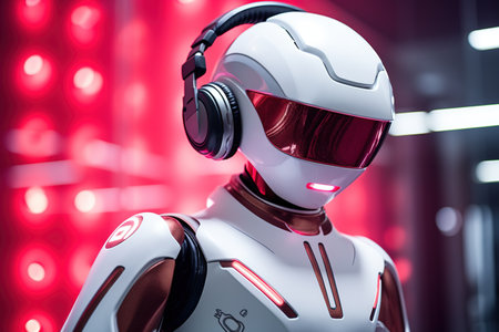 Robot with headphones listening to music on red background. 3d renderingの素材