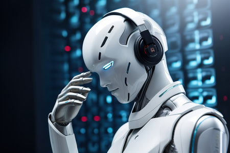 3d rendering humanoid robot listening to music with headphones on blue backgroundの素材