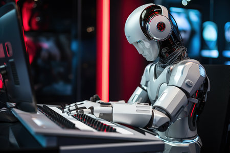 Robot humanoid working on computer. Artificial intelligence concept. 3D Renderingの素材