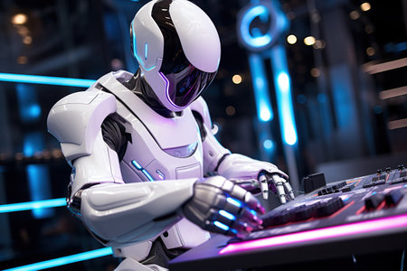 3d rendering humanoid robot playing music on dj mixer controller in nightclubの素材