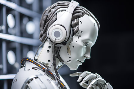 Robot model with headphones, close-up. 3d renderingの素材