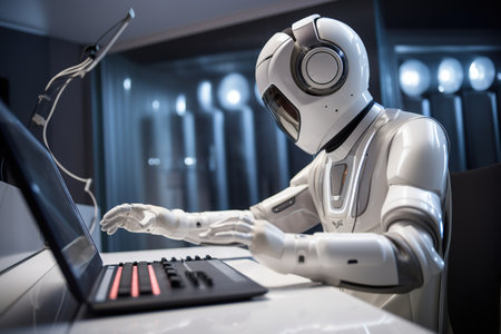 3d rendering humanoid robot working on a computer in a modern officeの素材