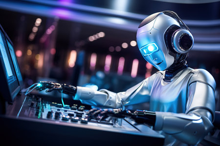 3d rendering humanoid robot working on a computer in a dark roomの素材