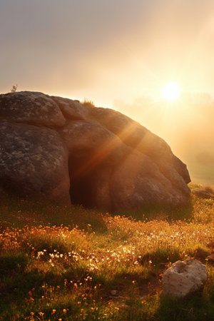 Sunset over the rocks in the meadow. Landscape.の素材
