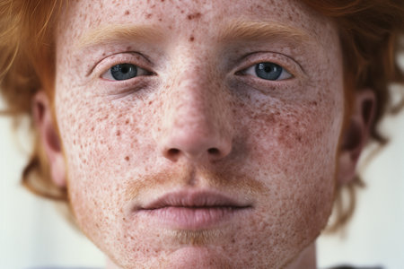 Close up of freckled redhead girl with freckles.の素材