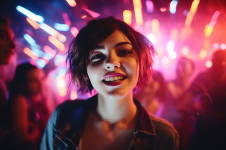 Portrait of a beautiful girl with bright make-up dancing at a party.の素材