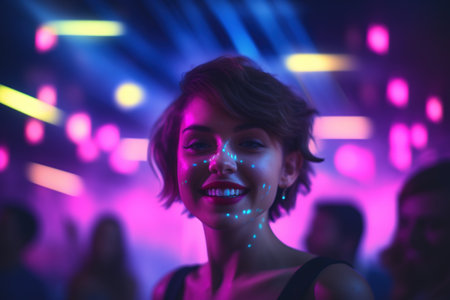 Portrait of smiling young woman dancing at nightclub with lights on backgroundの素材