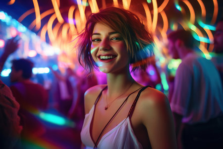 Portrait of happy young woman dancing at night club with people in backgroundの素材