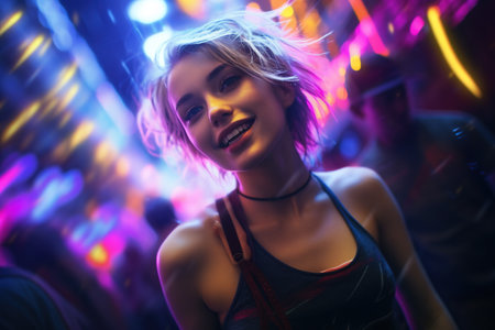 Portrait of a beautiful young woman dancing in a nightclub with colorful lightsの素材