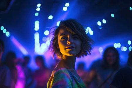 Portrait of a beautiful young woman dancing on a music festival.の素材
